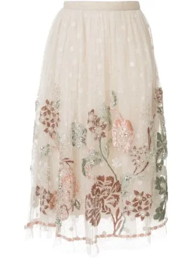 Biyan Floral Embroidered Mesh Skirt In White