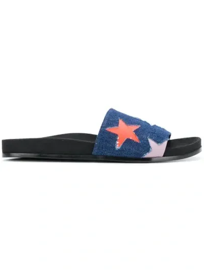 Stella Mccartney Laser-cut Faux Leather And Denim Slides In Blue