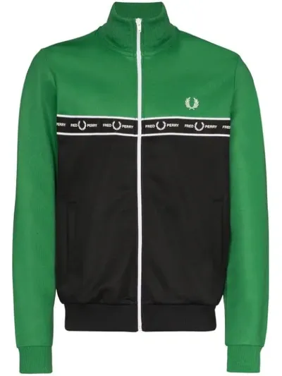 Fred Perry Logo-tape Colour-block Track Jacket In Green