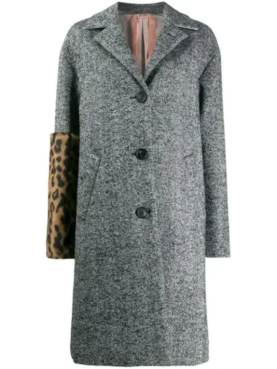 N°21 Leopard Panel Herringbone Coat In Grey