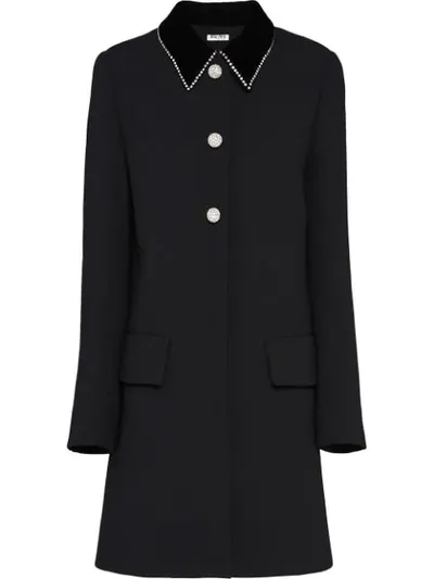 Miu Miu Embellished Wool-crêpe Coat In F0002 Black