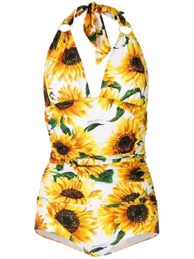 Dolce & Gabbana One-piece Sunflower Print Swimsuit With Plunging Neckline In Floral Print