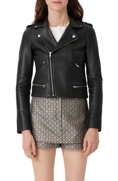 Maje Fitted Leather Biker Jacket In Black