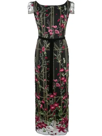 Marchesa Notte Short-sleeve Beaded Embroidered Gown In Black