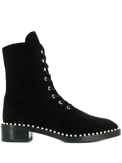 Stuart Weitzman Pearl-embellished Lace-up Boots In Black