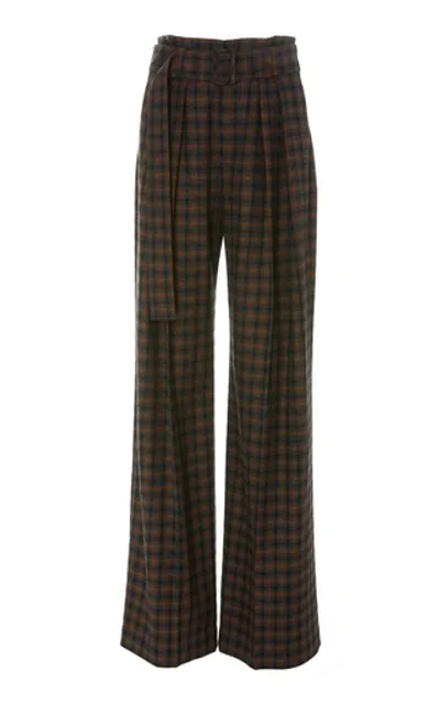 Vince Belted Checked Brushed-twill Wide-leg Pants In Brown