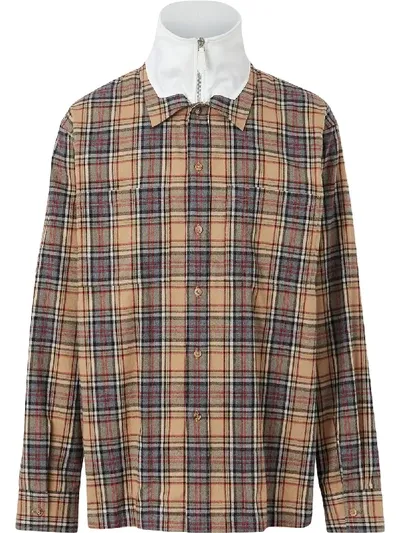 Burberry Track Top Detail Check Cotton Shirt In Neutrals