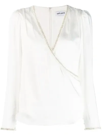 Self-portrait Embellished V-neck Blouse In White