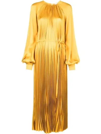 Oscar De La Renta Puff-sleeve Satin Pleated Tie-front Dress In Saffron