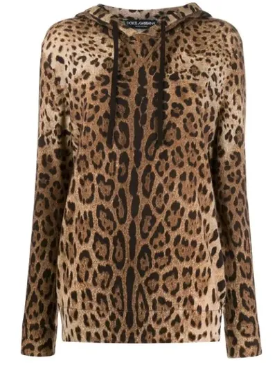 Dolce & Gabbana Leo Print Cashmere Hoodie Style Sweater In Brown