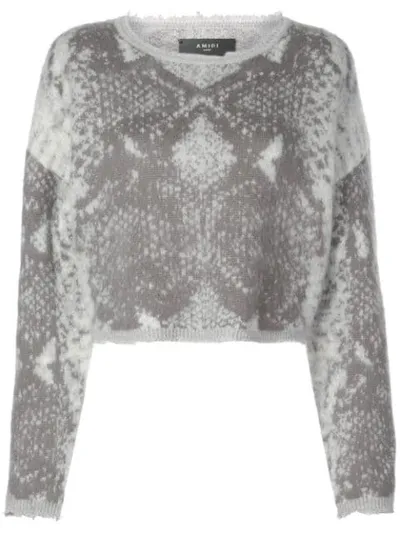 Amiri Cropped Frayed Jacquard-knit Wool And Cashmere-blend Sweater In Grey