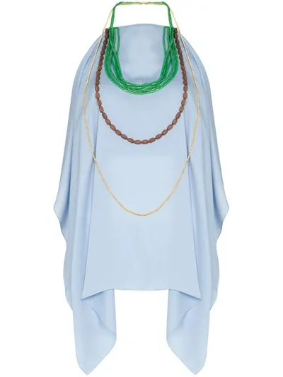 Jacquemus Haut Bijoux Backless Draped Embellished Crepe Halterneck Top In Blue