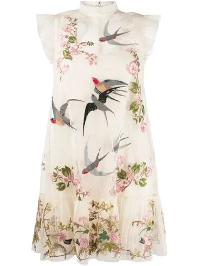 Red Valentino Red(v) Floral And Bird Mini Dress In Neutrals