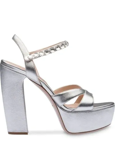 Miu Miu Embellished Strap Platform Sandals In Silver