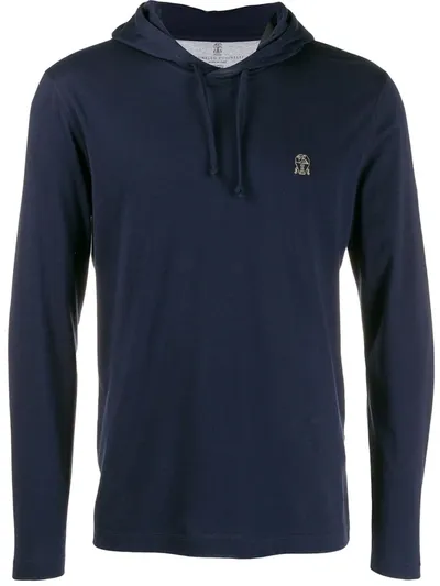 Brunello Cucinelli Men's Embroidered Hoodie In Cobalt