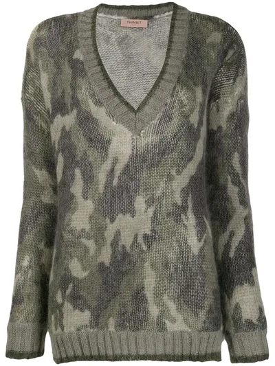 Twinset V-neck Camo Jumper In Green