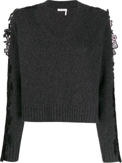 See By Chloé Floral Lace Panel Sweater In Grey