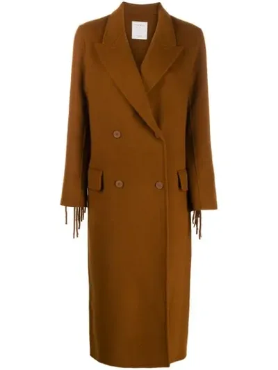 Sandro Fringed Double-breasted Coat In Brown