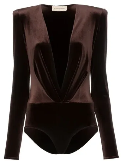 Alexandre Vauthier Padded-shoulder Plunge Bodysuit In Brown