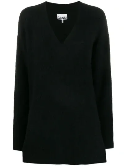 Ganni V-neck Oversized Jumper In Black