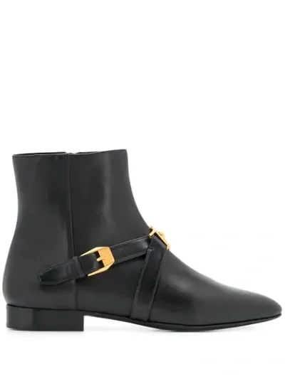 Versace Buckled Pointed Toe Ankle Boots In Black