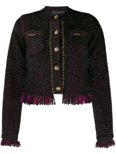 Versace Chain-trimmed Frayed Metallic Tweed Jacket In Black