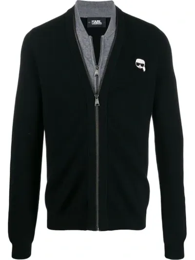 Karl Lagerfeld Ikonik Logo Zipped Cardigan In Black