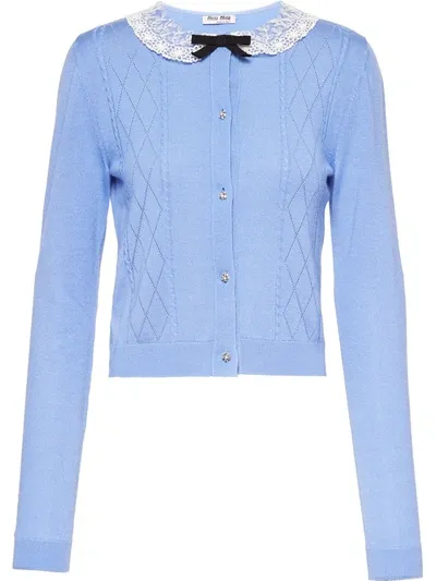 Miu Miu Women's Lace-collar Pointelle-knit Cashmere Cardigan In Azzurro Blue