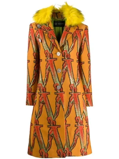 Versace Logo Embroidered Trimmed Coat In Orange