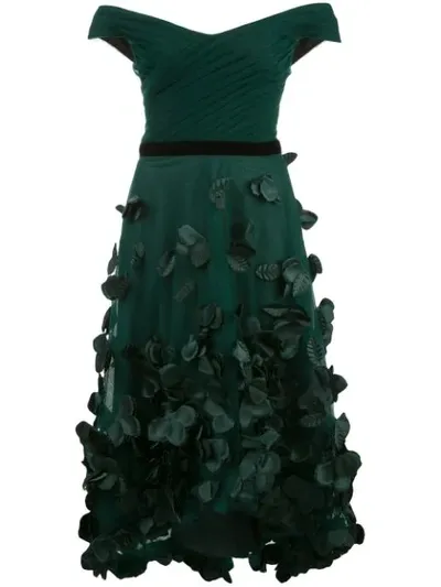 Marchesa Notte Flower-embellished Off-the-shoulder Dress In Green