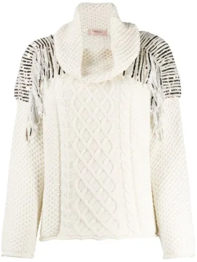 Twinset Sequin-embellished Cable-knit Jumper In White