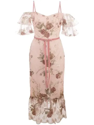 Marchesa Notte Embroidered Floral Bow-detail Dress In Pink