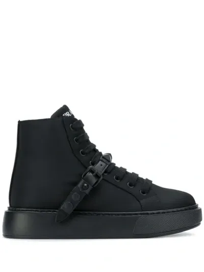 Prada Buckled Strap High-top Sneakers In Black