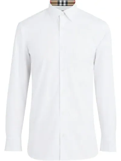 Burberry Check Cuff Stretch Cotton Poplin Shirt In White