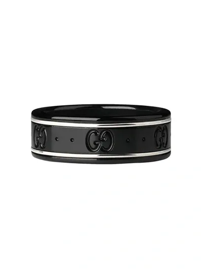 Gucci Icon Thin Band Ring In Black In White Gold