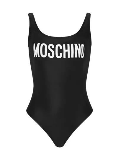 Moschino One-shoulder Logo One-piece Swimsuit In Black White