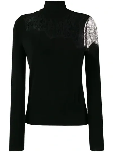 Liu •jo Lace Panel Fine Knit Sweater In Black