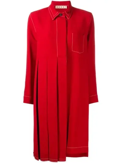 Marni Pleated Shirt Dress In Red