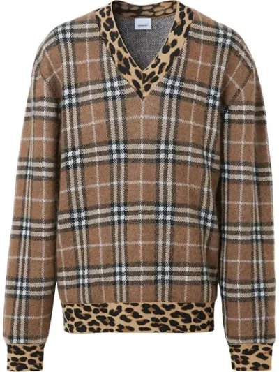 Burberry Leopard Detail Vintage Check Jumper In Light Brown