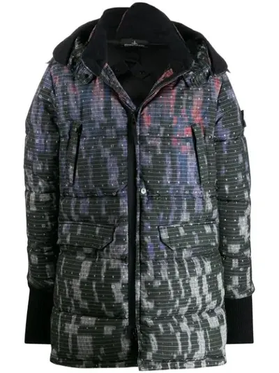 Stone Island Shadow Project Grid Tie-dye Wool-blend Ripstop Down Coat In Black