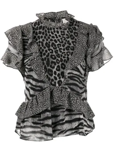 Michael Michael Kors Animal Print Ruffle Blouse In Black