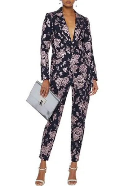 Michelle Mason Metallic Floral-jacquard Tapered Pants In Midnight Blue