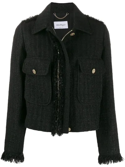 Ferragamo Bouclé Tweed Zip-front Jacket In Black