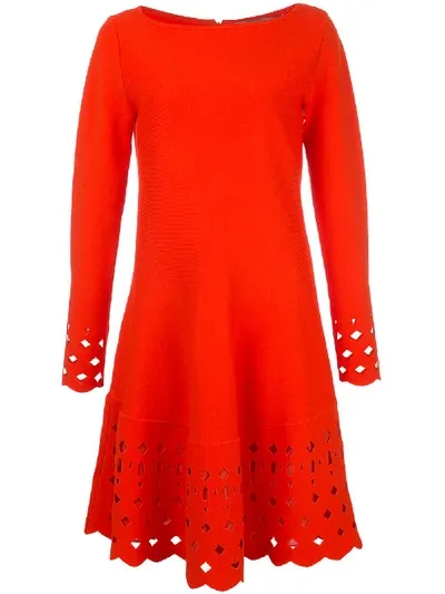 Lela Rose Lattice Trim Long Sleeve Fit & Flare Sweater Dress In Orange