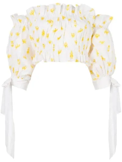 Carolina Herrera Cropped Ruffled Printed Stretch-cotton Poplin Top In White