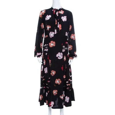 Pre-owned Rochas Black Floral Printed Silk Lace Trim Pintuck Detail Midi Dress M