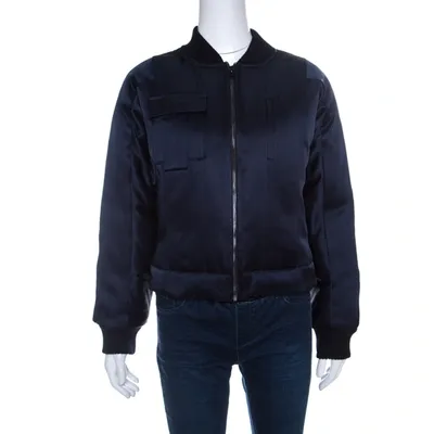 Pre-owned Diane Von Furstenberg Navy Blue Satin Alexander Bomber Jacket Xs