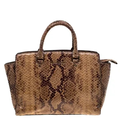 Pre-owned Michael Michael Kors Python Embossed Leather Selma Tote In Brown