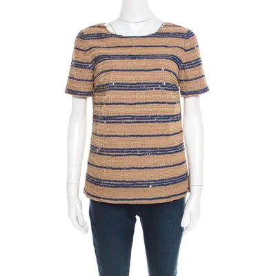 Pre-owned Tory Burch Beige Wooden Bead And Sequin Embellished Theresa Top S