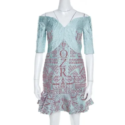 Pre-owned Mary Katrantzou Mint Blue Jacquard And Glitter De Beau Cocktail Dress M